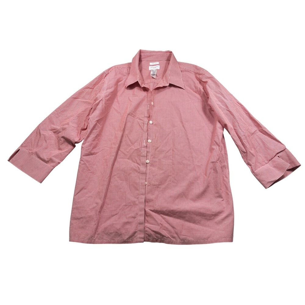 Liz Claiborne Non Iron Shirt Women XL Red White Gingham Check Button Down